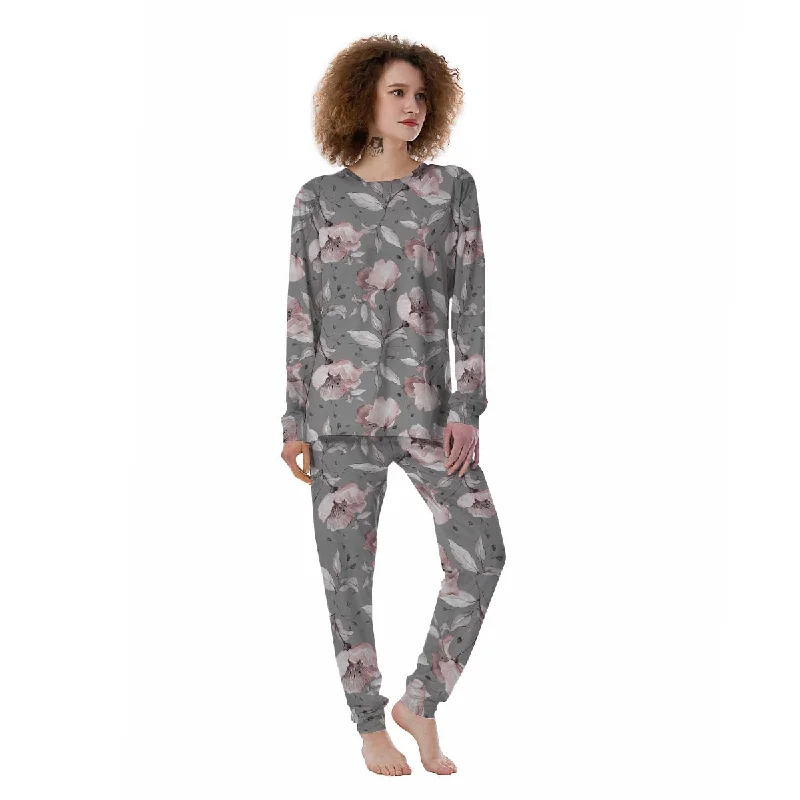 Grey Vintage Floral Print Women's Pajamas