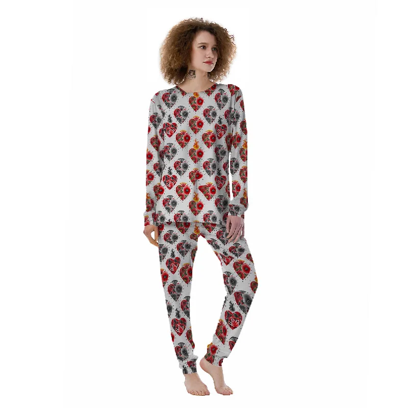 Watercolor Flaming Heart Tattoo Print Pattern Women's Pajamas