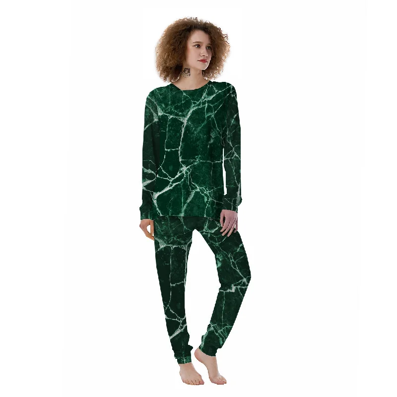 White And Dark Green Marble Texture Print Women's Pajamas