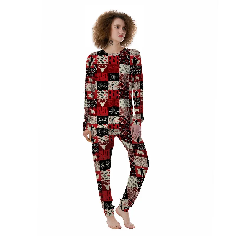 Wildlife Red Plaid Print Pattern Women's Pajamas