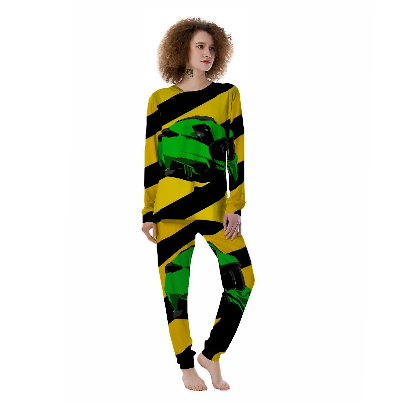 Yellow And Green Helmet Print Women's Pajamas