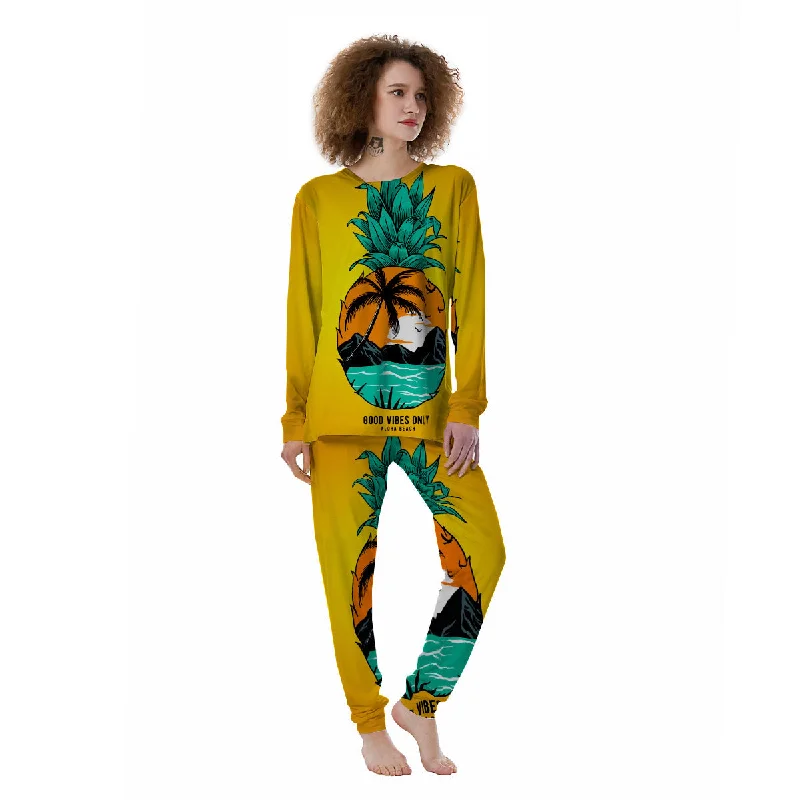 Yellow Pineapple Aloha Tropical Island Print Women's Pajamas