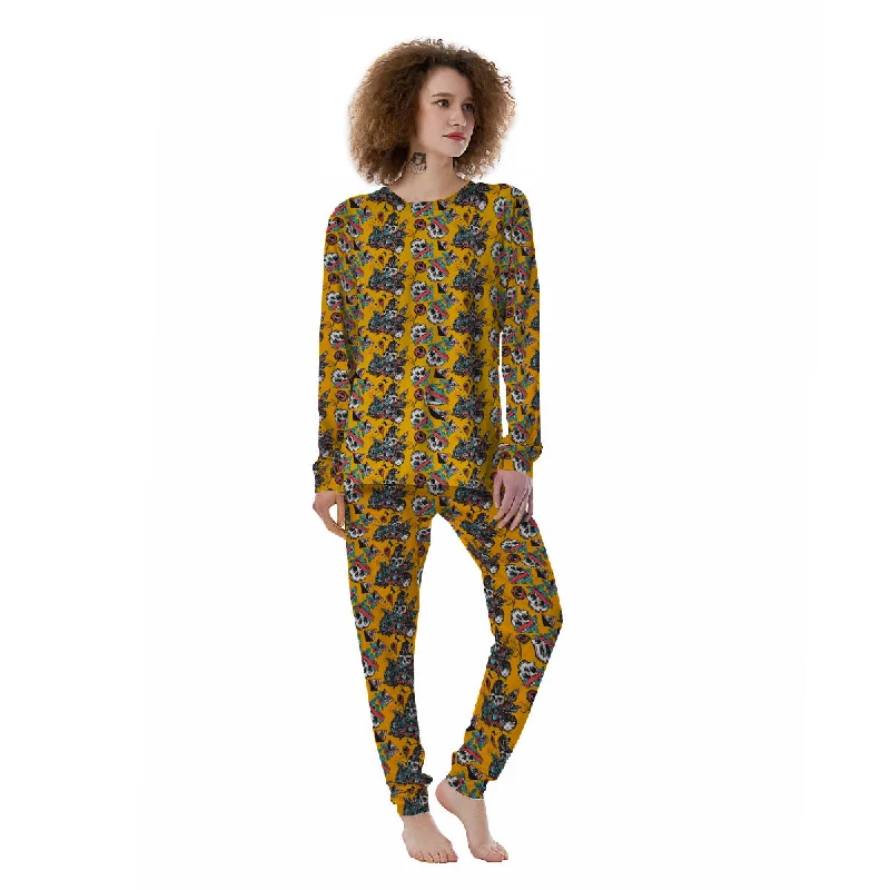 Yellow Skull Old School Tattoo Print Pattern Women's Pajamas