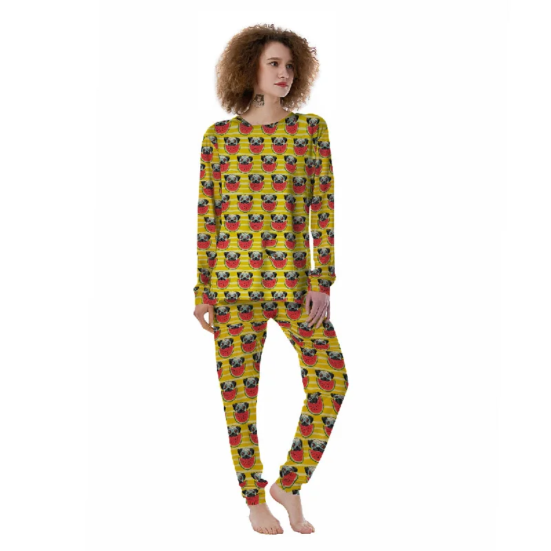 Yellow Striped Pug Dog Print Pattern Women's Pajamas