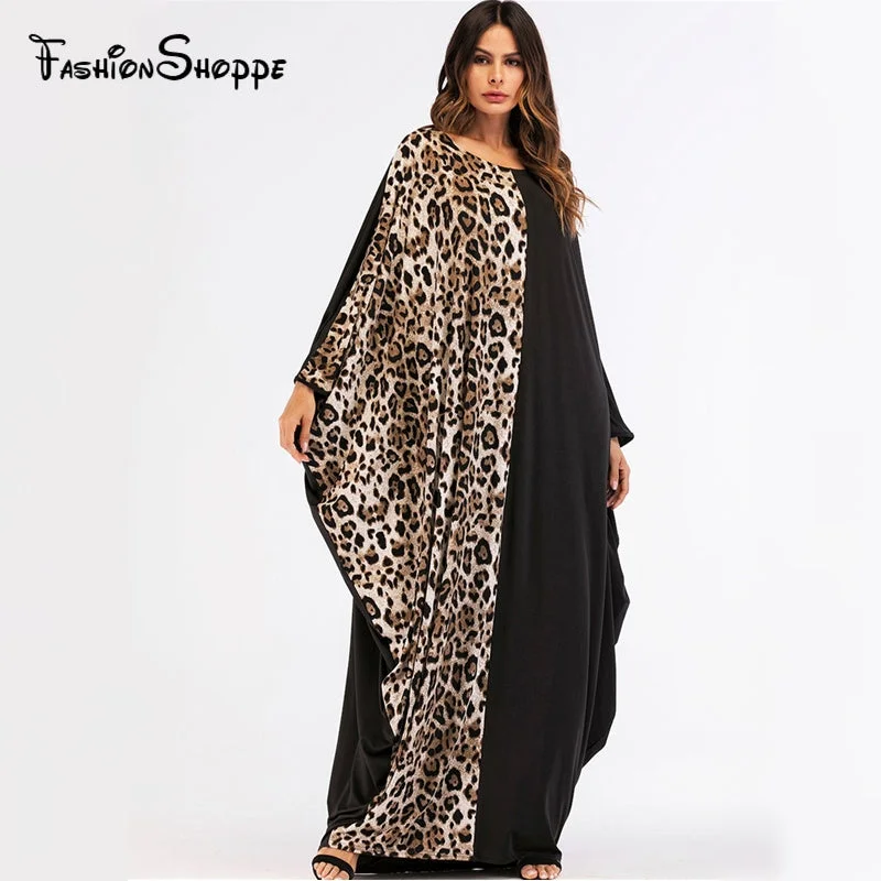 Casual Print Leopard Full Dress Bat Sleeve Maxi Abaya Muslim Loose Kimono Long Skirt Robe Gowns Middle East Islamic Clothing