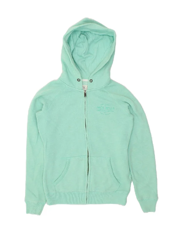 JACK WILLS Womens Graphic Zip Hoodie Sweater UK 8 Small Turquoise Cotton