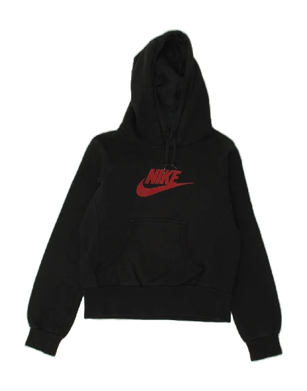 NIKE Womens Graphic Hoodie Jumper UK 6 XS Black Cotton