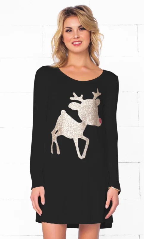 Christmas Cutie Black Gold Glitter Red Nose Reindeer Long Sleeve Scoop Neck Tunic Top Mini Dress