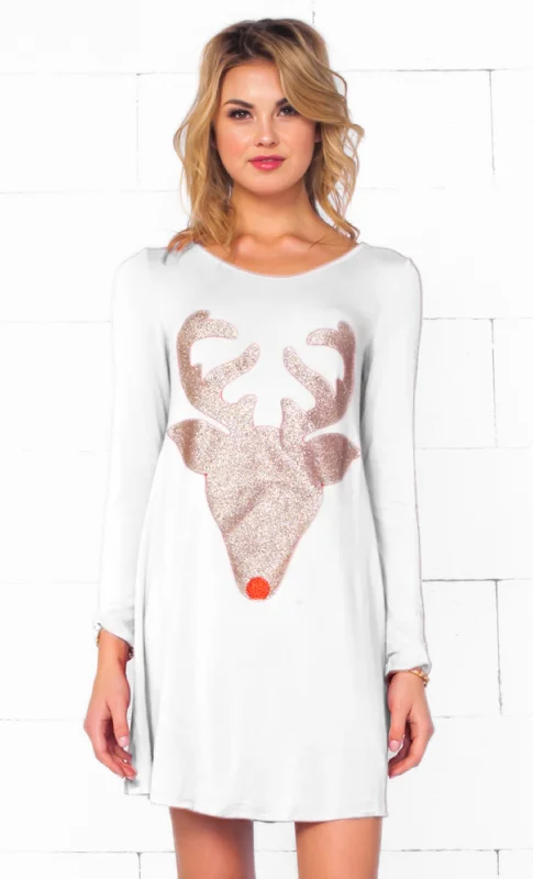 Dear Santa White Gold Glitter Red Nose Reindeer Head Long Sleeve Scoop Neck Tunic Top Mini Dress - Last One!