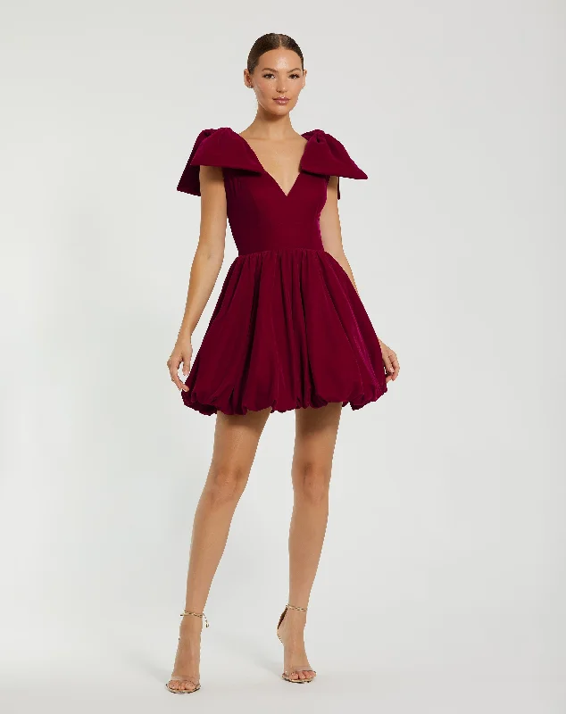 Shoulder Bow Velvet Bubble Mini Dress