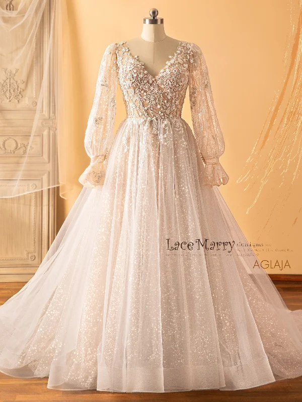 AGLAJA / Long Puff Sleeves Wedding Dress with Glitter Skirt