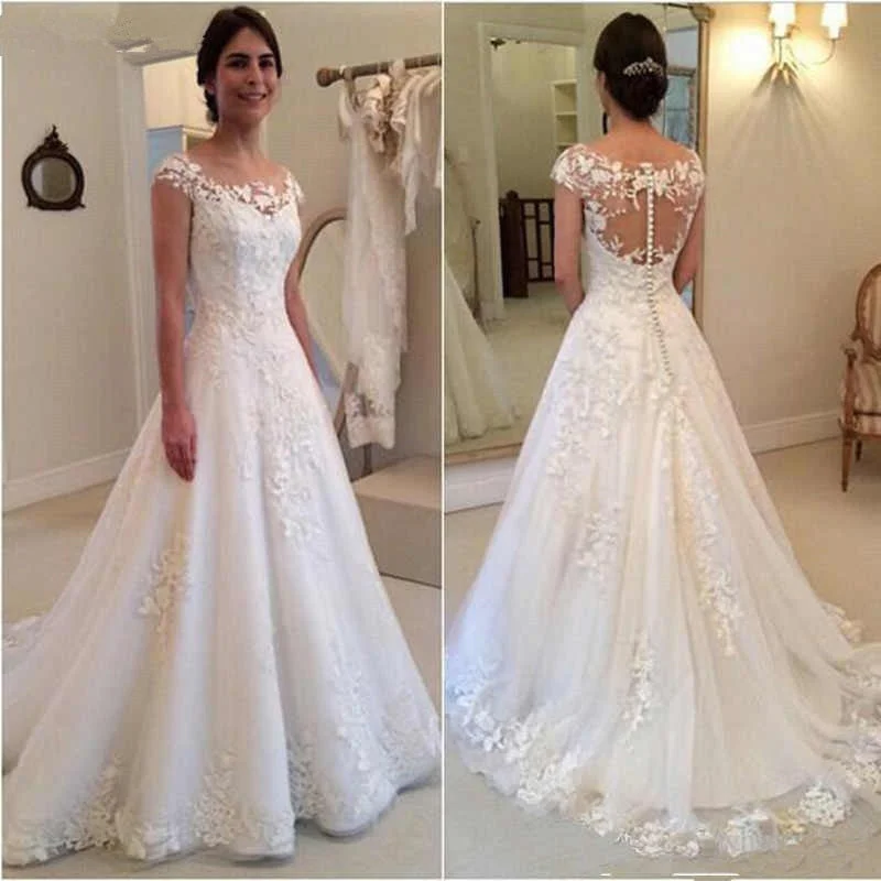 Wedding Dresses Sheer Back Cap Sleeves Vintage Lace Bride Gown