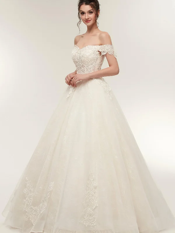 Elegant Off-Shoulder Light Champagne A-line Floor Length Lace Tulle Wedding Dresses Bridal Dress AS50638