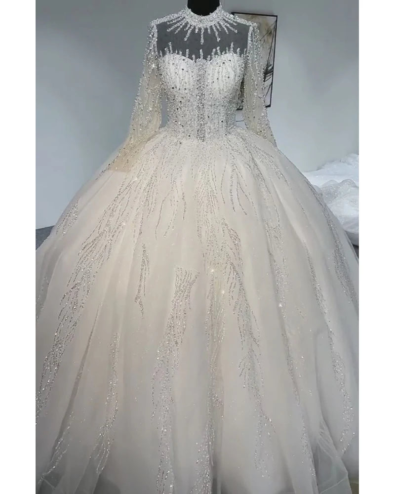 High Neck Long Sleeve Beading Lace Wedding Dress Illusive Princess Ball Gown Bridal Dress