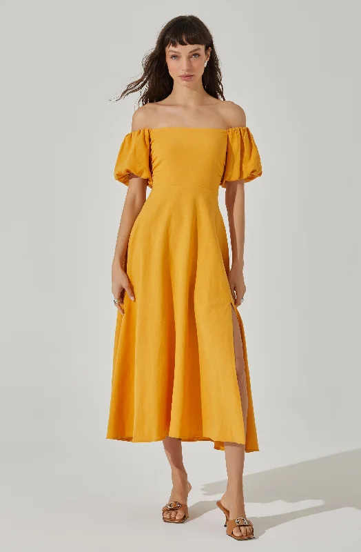 Off Shoulder Puff Sleeve Midi Dress