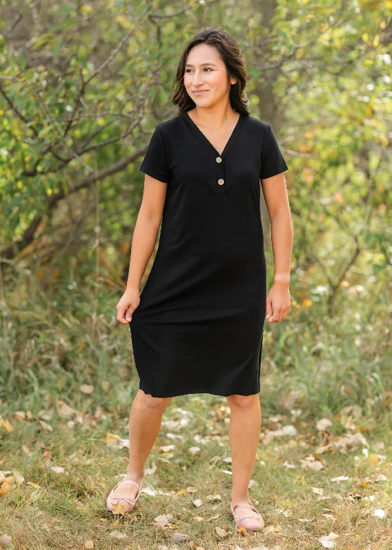 V-neck Black Button Up Dress