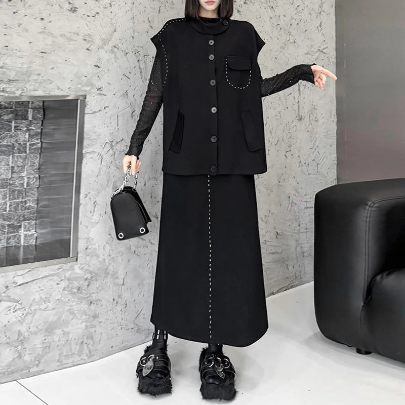 Black Loose Vest Elastic Waist Skirt Suit