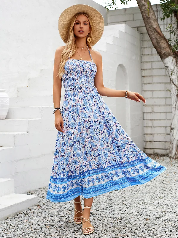 Blue Patterned Print Beach Maxi Dress