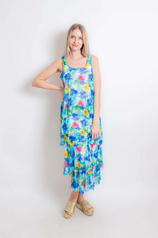 Blue Floral Maxi Tiered Sleeveless Dress