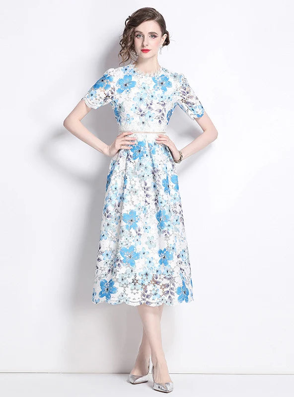 FASHION SLIM LACE PRINT LONG DRESS