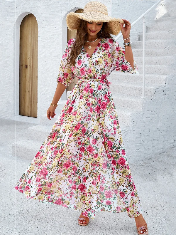 Garden Elegance Flowy Rose Print Maxi Dress