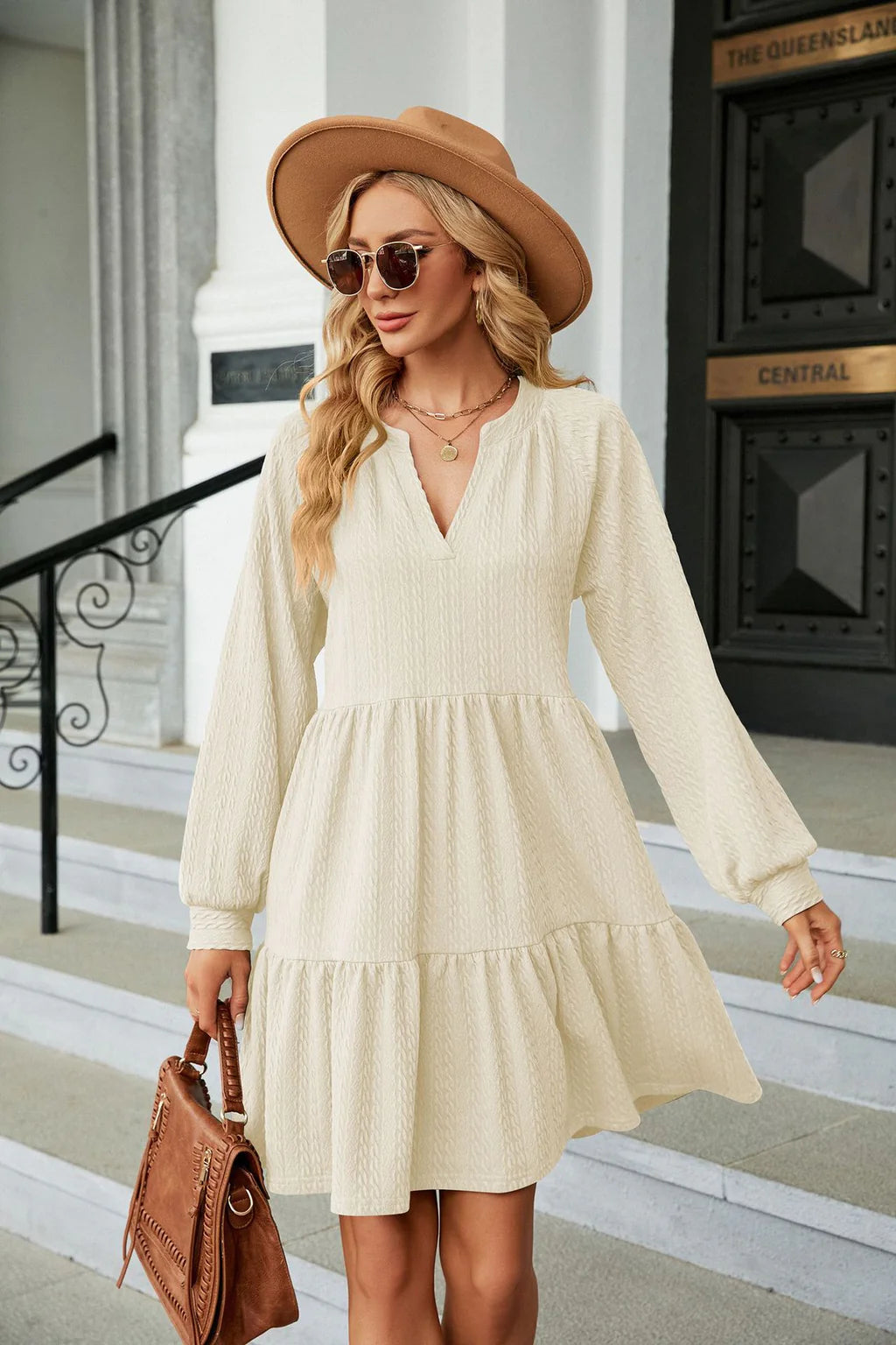 SOLID COLOR V-NECK PLEATED LONG SLEEVE DRESS