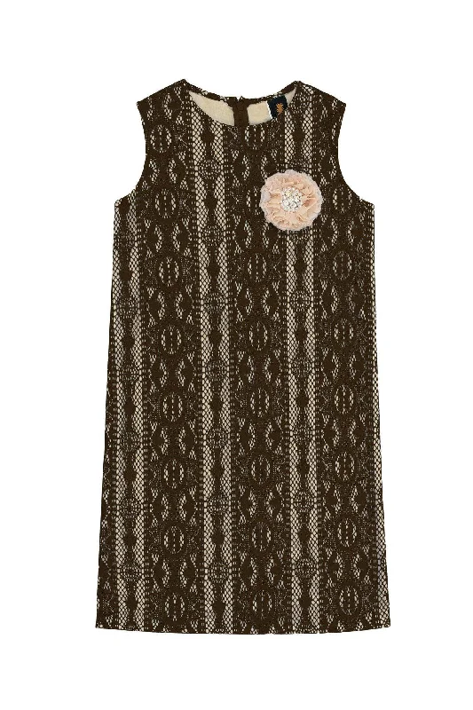 Brown Crochet Lace Sleeveless Cute Fancy Party Shift Dress - Girls