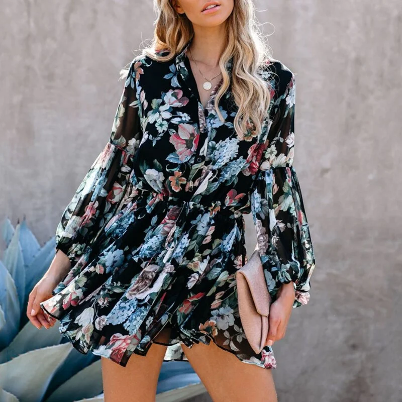 Amy Fashion - Sexy Printed Neck Tie Button Long Sleeve High Waist Dress