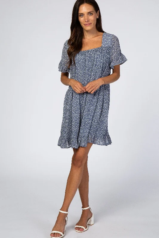 Blue Printed Chiffon Square Neck Ruffle Trim Dress