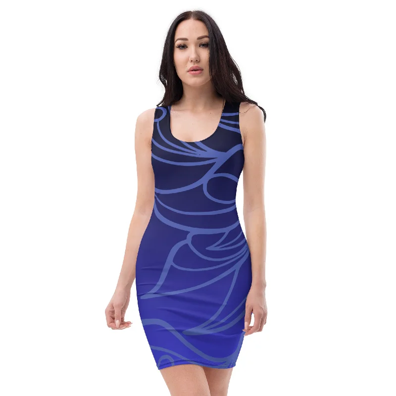 Elegant Blue Floral Fitted Dress for Women, lioness-love