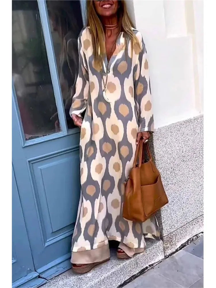 Amy Fashion - Geometric Printing Split Autumn V Neck Boho Dress