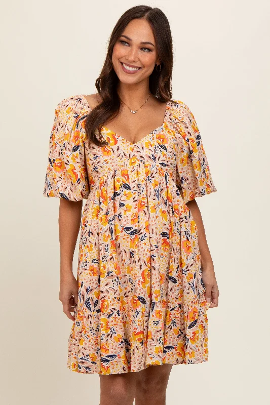 Multicolor Floral Print Puff Sleeve Maternity Dress