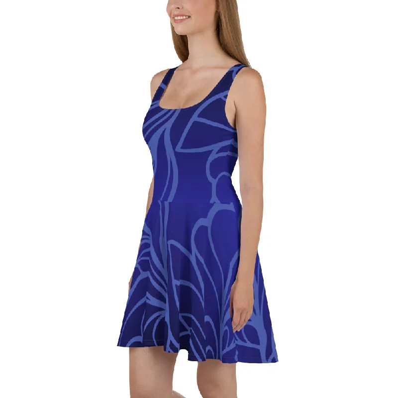 Sapphire Bloom Floral Blue Women's Skater Dress, lioness-love