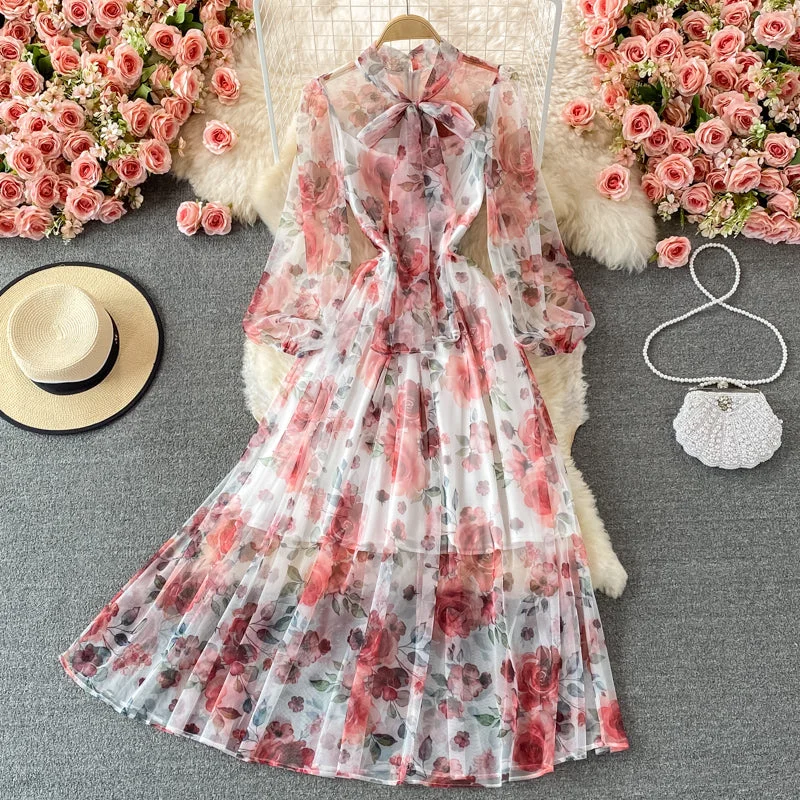 Slim high waist Floral Chiffon Dress  2988