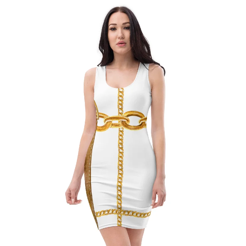 Women’s Comfort Gold Print Chain Fitted Dress, lioness-love.com