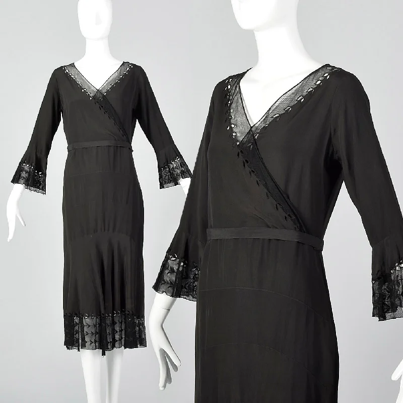 1930s Black Dress with Sheer Trim and Belt