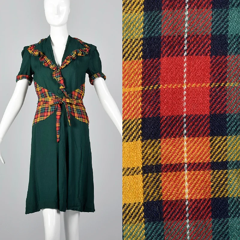 1930s Green Dress with Colorful Plaid Trim