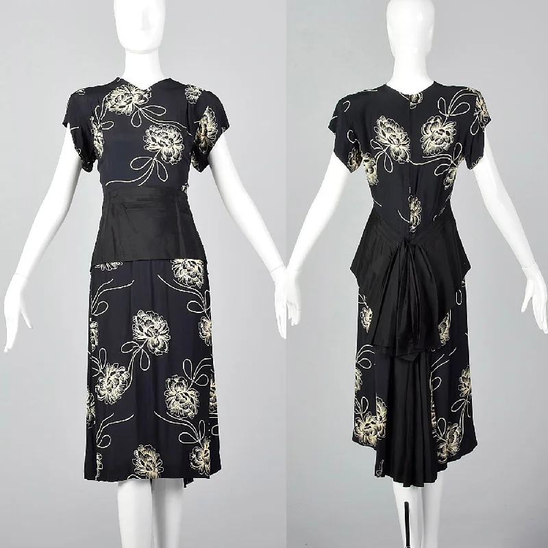 1940s Navy Rayon Dress with Black Taffeta Peplum