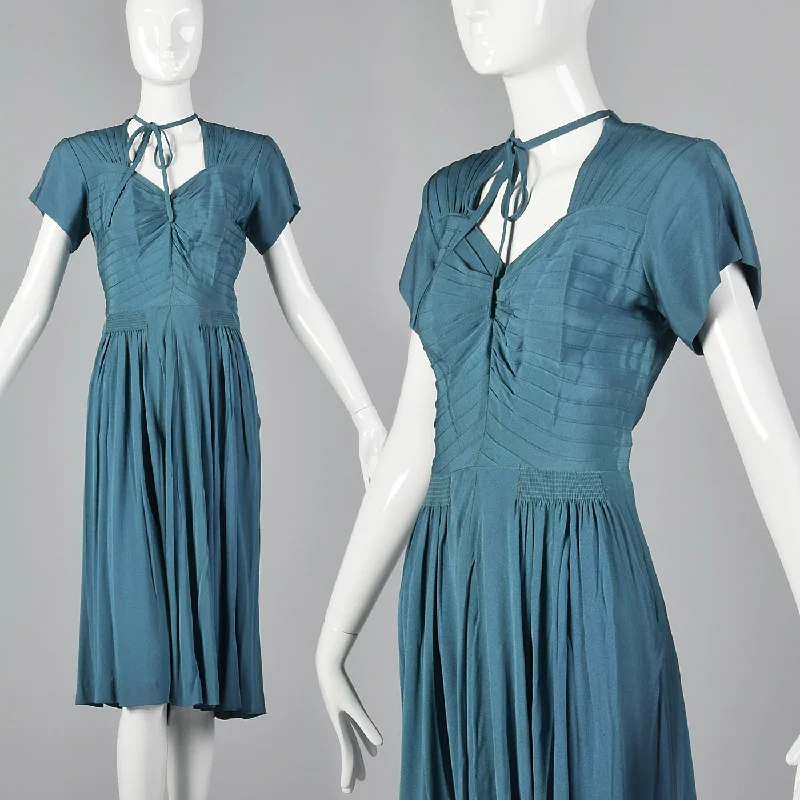 1940s Teal Rayon Dress with Neck Tie