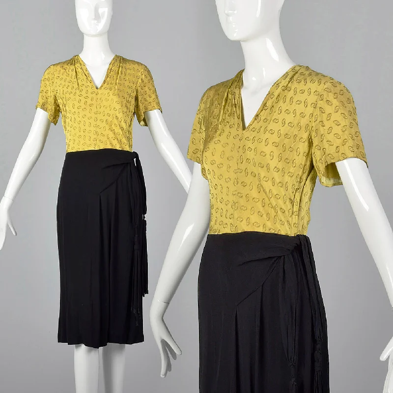 1940s Yellow Dress with Unique Hip Tie Sash