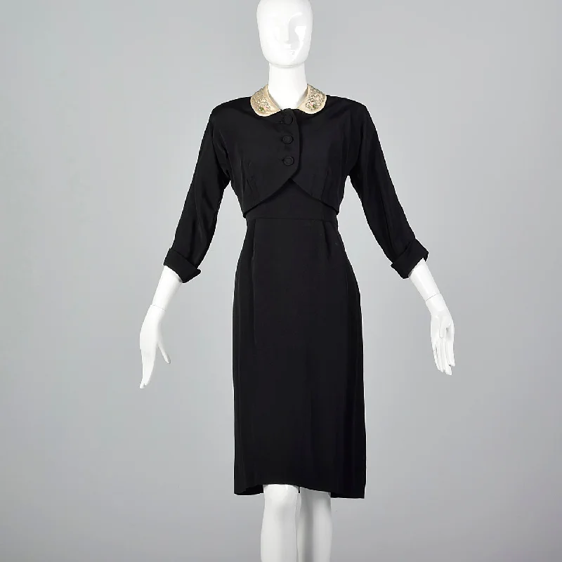 1950s Black Rayon Dress and Jacket with Unique Neckline