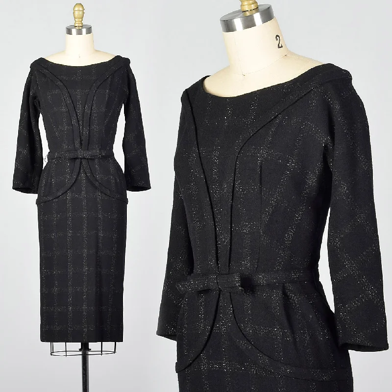 1950s Black Wool Dress with Silver Metallic Plaid