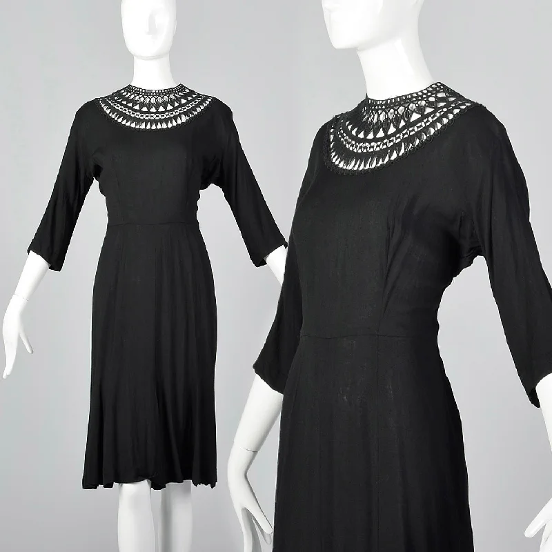 1950s Little Black Dress with Sheer Crochet Neckline