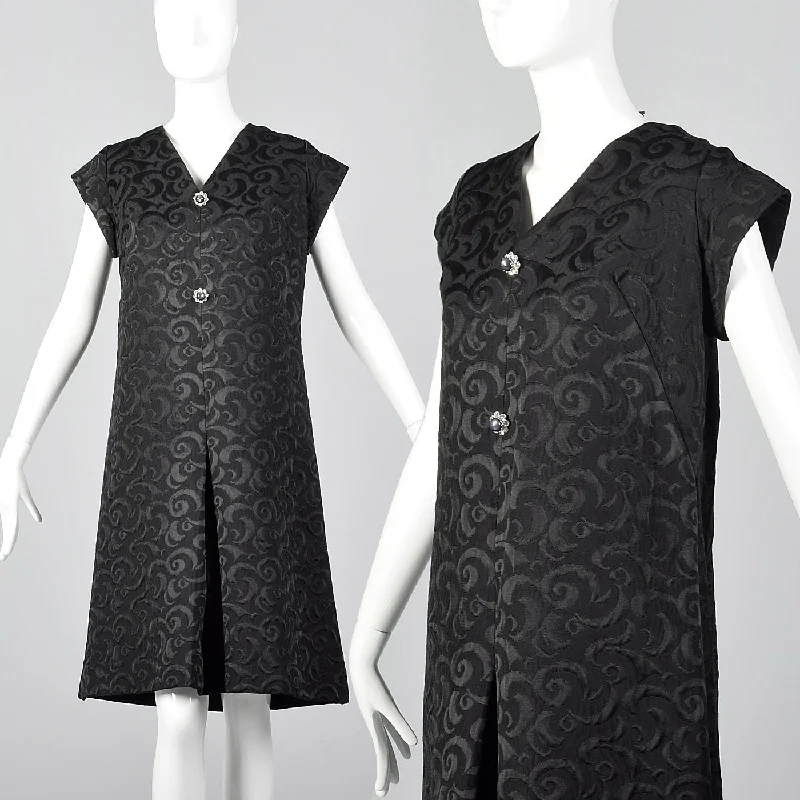 1960s Black Brocade Swing Dress