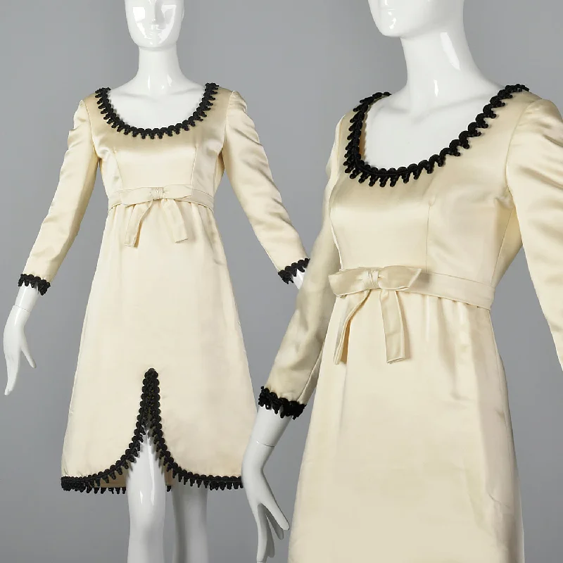 1960s Mollie Parnis White Satin Dress with Black Trim