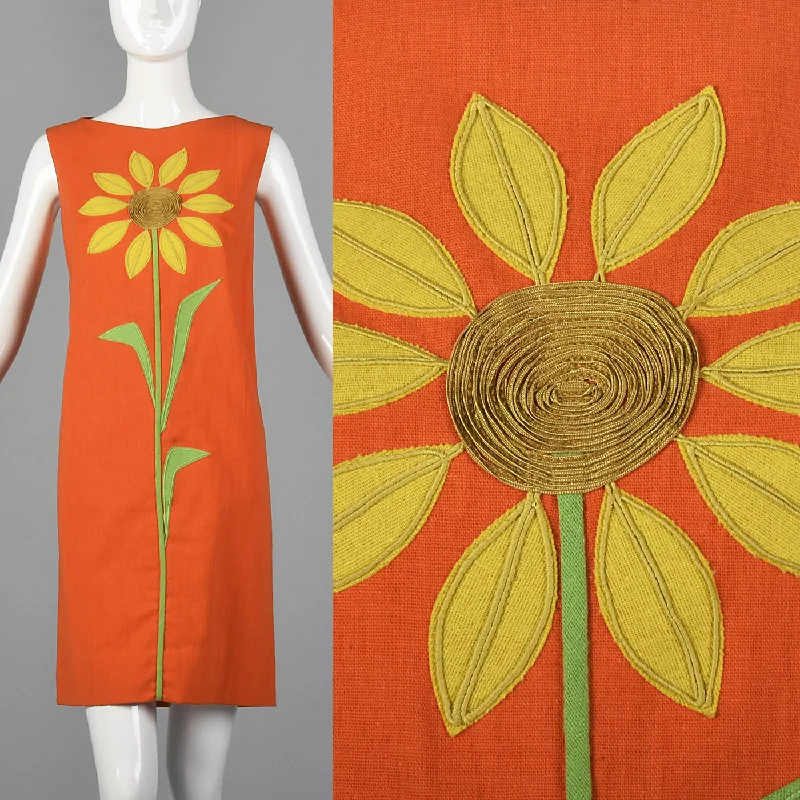 1960s Orange Shift Dress with Sunflower Applique