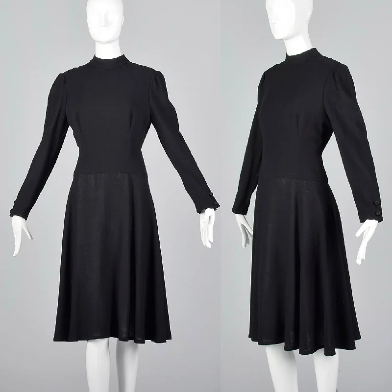 1970s Adele Simpson Black Wool Dress with Drop Waist