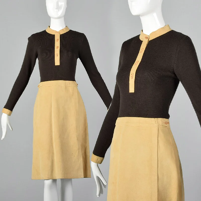 1970s Brown Knit and Leather Dress