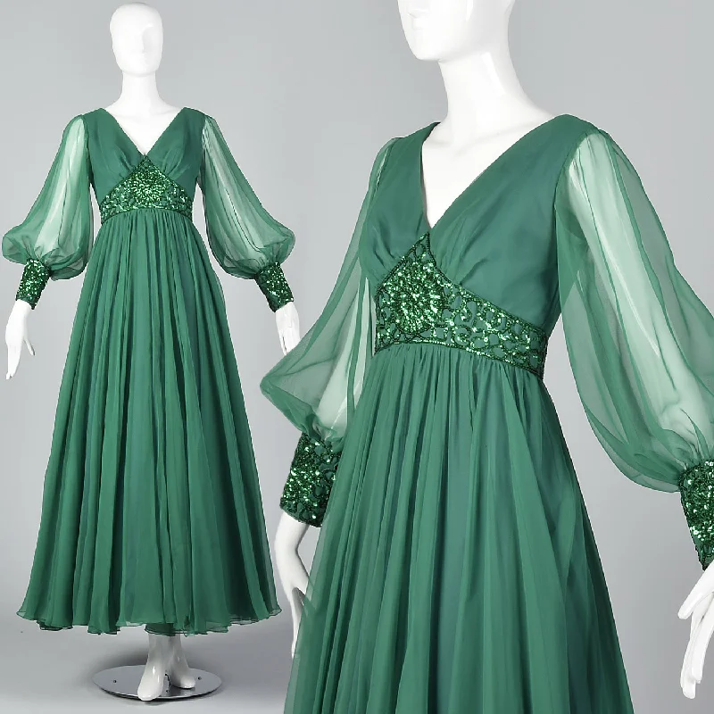 1970s Emerald Green Gown with Bishop Sleeves