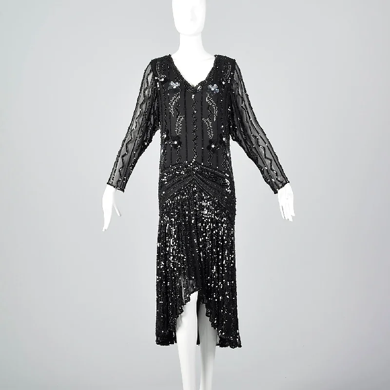 1990s Oleg Cassini Black Silk Beaded Dress